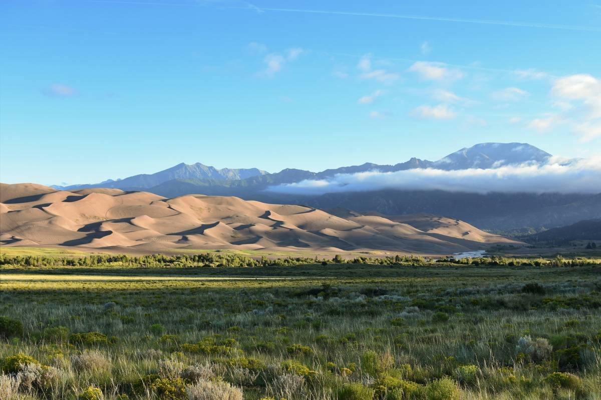 Colorado's Great Sand Dunes National Park in the wee hours of the morning. Can you name a more bizarre place? Sand juxtaposed on bright-green fields with towering mountains in the distance.
