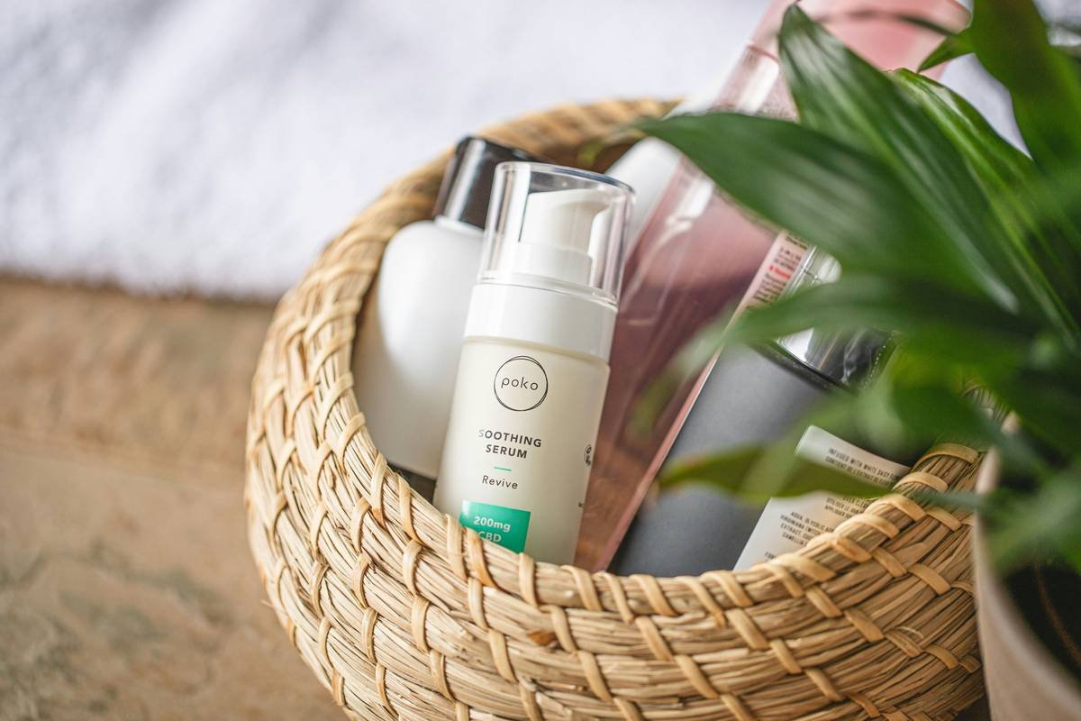 Skincare products in basket